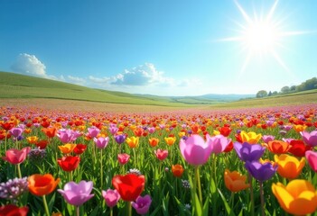 Vibrant Wildflower Fields in Full Bloom Against Clear Blue Skies Nature's Colorful Palette