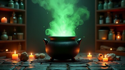 A large clay pot with a green smoke coming out of it.