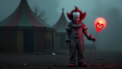A creepy clown holding a red balloon with a skull on it.