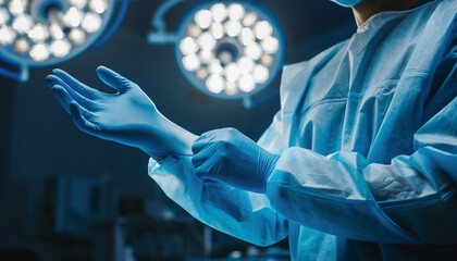 Surgeon putting on surgical glove in operating room