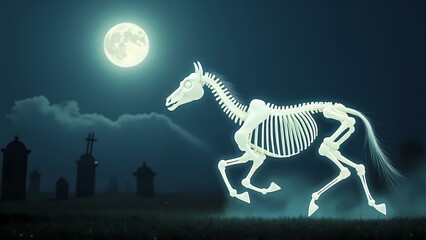 A white horse running in front of a full moon.