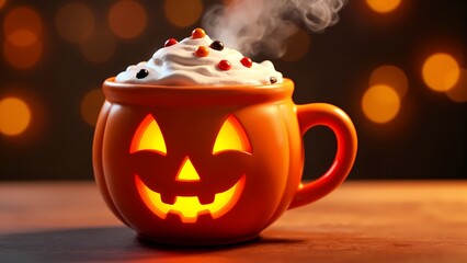 A close-up of a pumpkin shaped mug with a marshmallow on top.