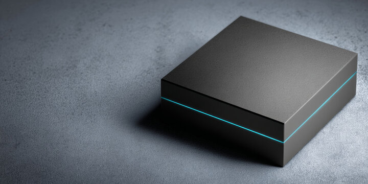A sleek, black box with a blue light on the bottom sits against a gray background