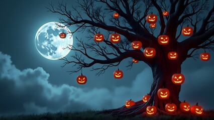 A full view of a tree with a full moon in the background.