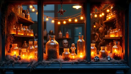 A window filled with glass jars filled with candles.