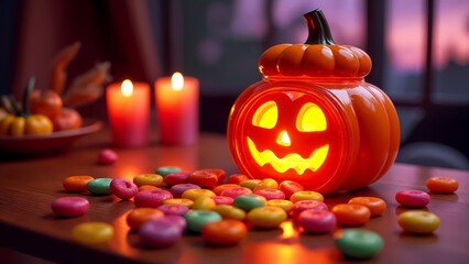 A bright orange pumpkin sitting on top of a table filled with candy.