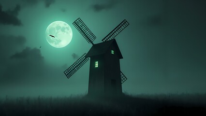 A black and white photo of a windmill in the middle of a field.