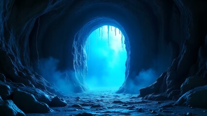 A tunnel with a bright blue light inside of it.