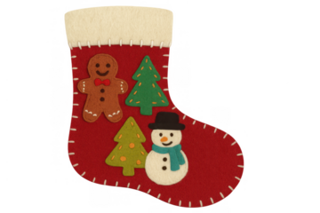 Christmas stocking decorated with felt gingerbread man, snowman, and pine trees, symbolizing holiday cheer and festive season
