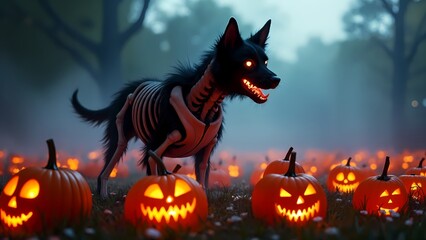 A black and white wolf standing in front of a row of pumpkins.
