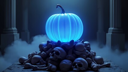 A blue glowing pumpkin sitting on top of a pile of skulls.