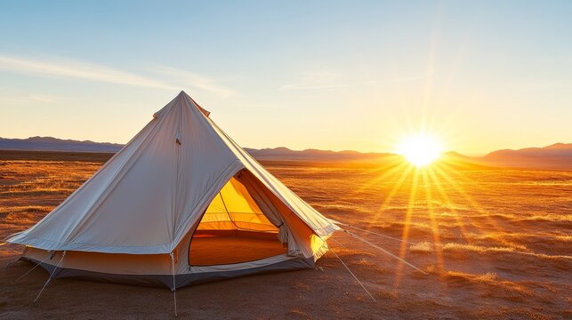 Canvas Tent at Golden Sunrise, Desert Camping ,Glamping - Powered by Adobe