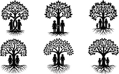 Black silhouette family tree illustration with roots, parents and children under branches, symbol of genealogy, heritage, ancestry, connection, growth, unity design.