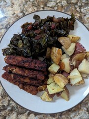 A plant based meal that is full of fiber and diversity. This roasted up plate has tempeh, brussel spouts, and potatoes. 