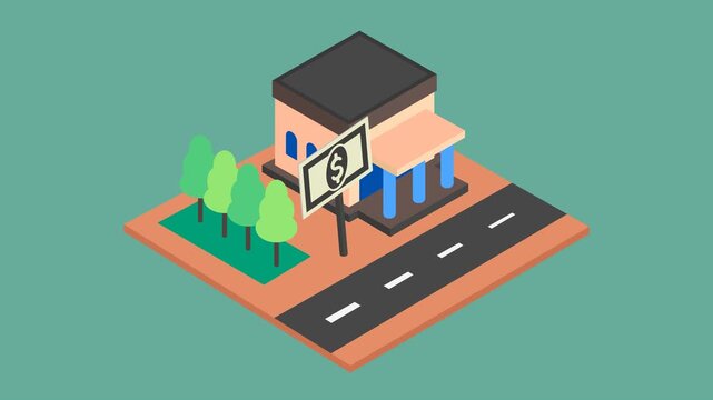Bank Building Isometric Objects Animation Flat Cartoon 4K Video. Transparent Alpha Channel. Real Estate, Urban Building Animated Icon Template, Editable Green screen Background for Presentation.