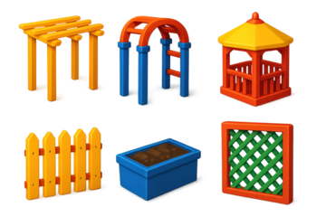 Vibrant Garden Icons Set. 3D icon set of garden structures: pergola, arbor arch, gazebo, fence panel, planter box, lattice wall. A