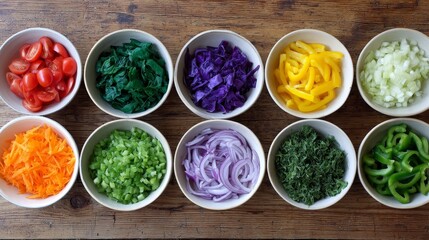 Vibrant chopped vegetables including tomatoes, onions, peppers, and herbs arranged in bowls on rustic wooden surface with natural lighting, emphasizing fresh textures and colorful appeal