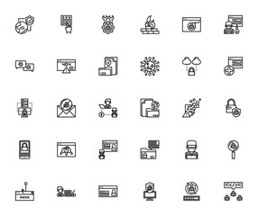 Cyber Security icon set. Vector illustration. Includs symbols for firewall, anivirus, hacker, phishing, ncryption, data protection server security and more.