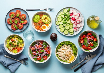 Delicious and healthy food bowls with fresh vegetables and ingredients