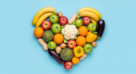 Heart-shaped arrangement of fresh fruits and vegetables on a vibrant blue background