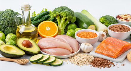 Healthy food assortment with fresh vegetables, fruits, and protein sources