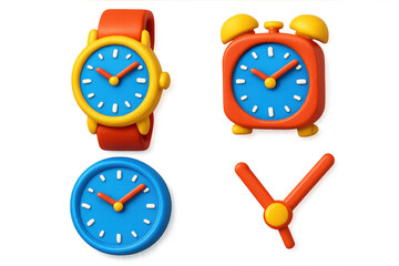 Vibrant Timepiece Icons. 3D icon set of classic timekeeping icons: analog wristwatch, battery-powered watch, ticking hands,