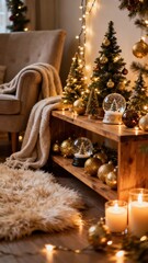 Cozy christmas scene with decorated trees, string lights, and candles in warm living room