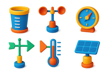 Weather Station Icons. 3D icon set of weather station equipment: rain gauge, anemometer, barometer, wind vane, thermometer,