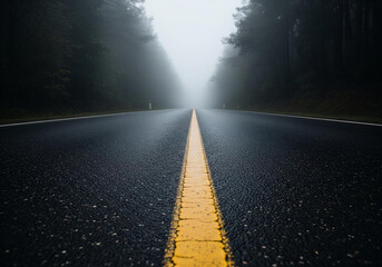 Road leading into the distance on a foggy day with trees on either side