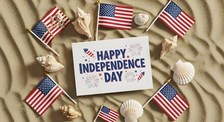Festive happy independence day card on sand with american flags and seashells, perfect for celebrating the 4th of july in a patriotic and beachy way