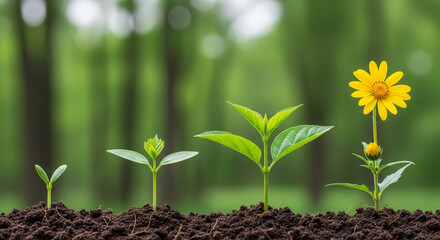 Stages of growth: A vibrant flower blooms from a tiny seed in rich soil