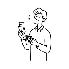 Smiling man happily checking his travel tickets or event passes, representing planning, anticipation, and excitement before a trip or event.