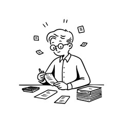 Focused accountant or bookkeeper organizing financial papers and receipts, symbolizing budgeting, finance management, and paperwork control.