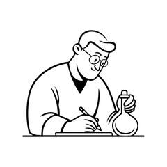 Chemist writing laboratory notes while holding a flask, depicting scientific research, discovery, and innovation in modern science.