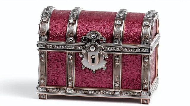 Antique Treasure Chest with Silver Accents on White Background.