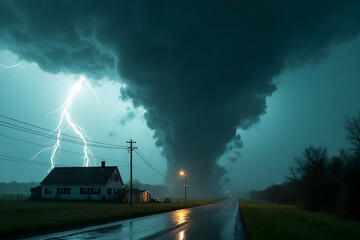 Tornado Disaster on Rural Road with Lightning in the Distance