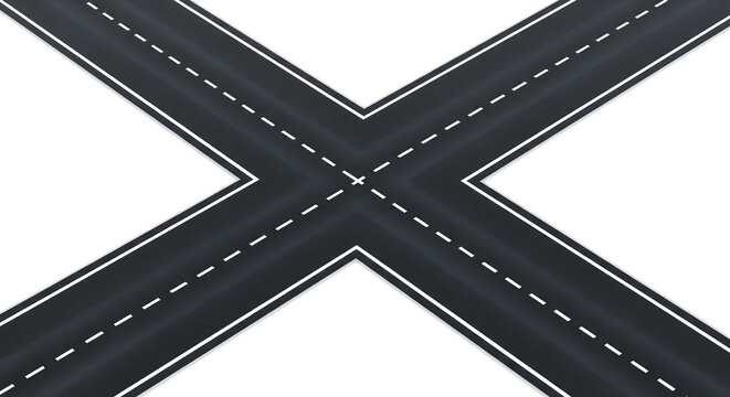 Aerial view of intersecting asphalt roads on a white background. Road junction, decision-making, travel, and traffic concept.