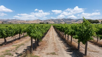 Naklejka premium Vast vineyard rows stretching into the distance under a bright sunny sky with rolling hills providing a scenic backdrop and ample copy space on the right for branding or text