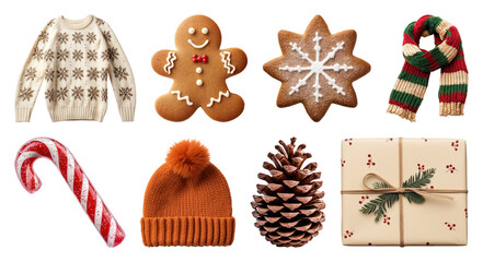 PNG Festive winter holiday decoration collection, element set on transparent background