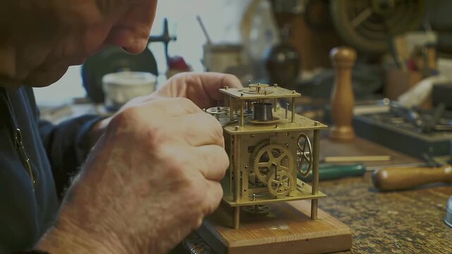 Clockmaker Assembling Intricate Brass Clockwork Mechanism on Wooden Workbench