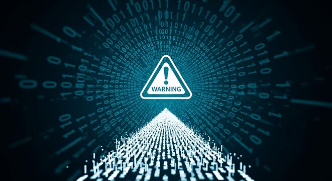 Digital Warning Alert Sign with Binary Code and Triangular Exclamation Mark