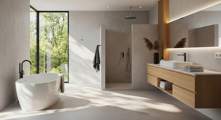 Modern minimalist bathroom. Freestanding bathtub, open shower area, wooden cabinet, and large window with forest view. Luxurious and natural design.