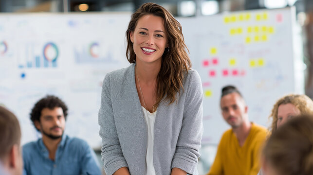 Smiling businesswoman leading meeting with diverse team
