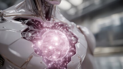 Robotic torso open to reveal glowing digital genesis sphere integrated with circuits, symbolizing artificial creation systems, futuristic biotechnology, and speculative reproductive concepts.