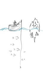 Illustration of a boat and a fisherman near an iceberg with a color accent 