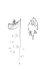Line illustration of a fisherman near an iceberg. 