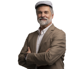 Attractive serious grey-haired man in suit and flat cap isolated on transparent background