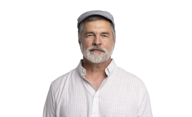 Smiling man wearing white shirt and flat cap, close-up on transparent background