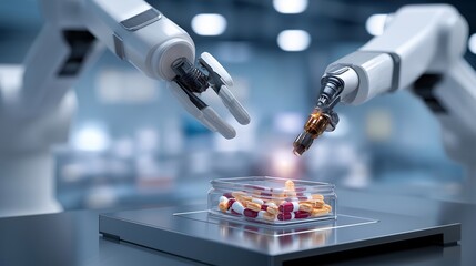 Autonomous robotic arms delicately transferring powders into capsules while sensors analyze samples in real-time, symbolizing high-tech pharmaceutical automation and next-generation drug