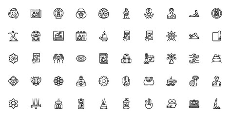 International Day of Yoga icon set. Vector illustraton pack. Features symbols or meditation, chakras, welness, ayurveda, guru, namste, om, mandala and more.Editable stroke.